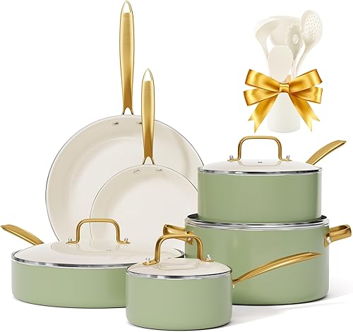 VONIKI - Juego de ollas y sartenes antiadherentes, juego de utensilios de cocina de cerámica con utensilios de cocina, juegos de utensilios de