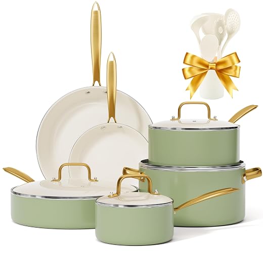 Pots and Pans Set Non Stick - VONIKI Ceramic Cookware Set with Cooking Utensils Set, Non Toxic Kitchen Cookware Sets Dutch Oven Pot with Lid Saucepan Set Sauté Pan Frying Pan Set for Cooking Gifts