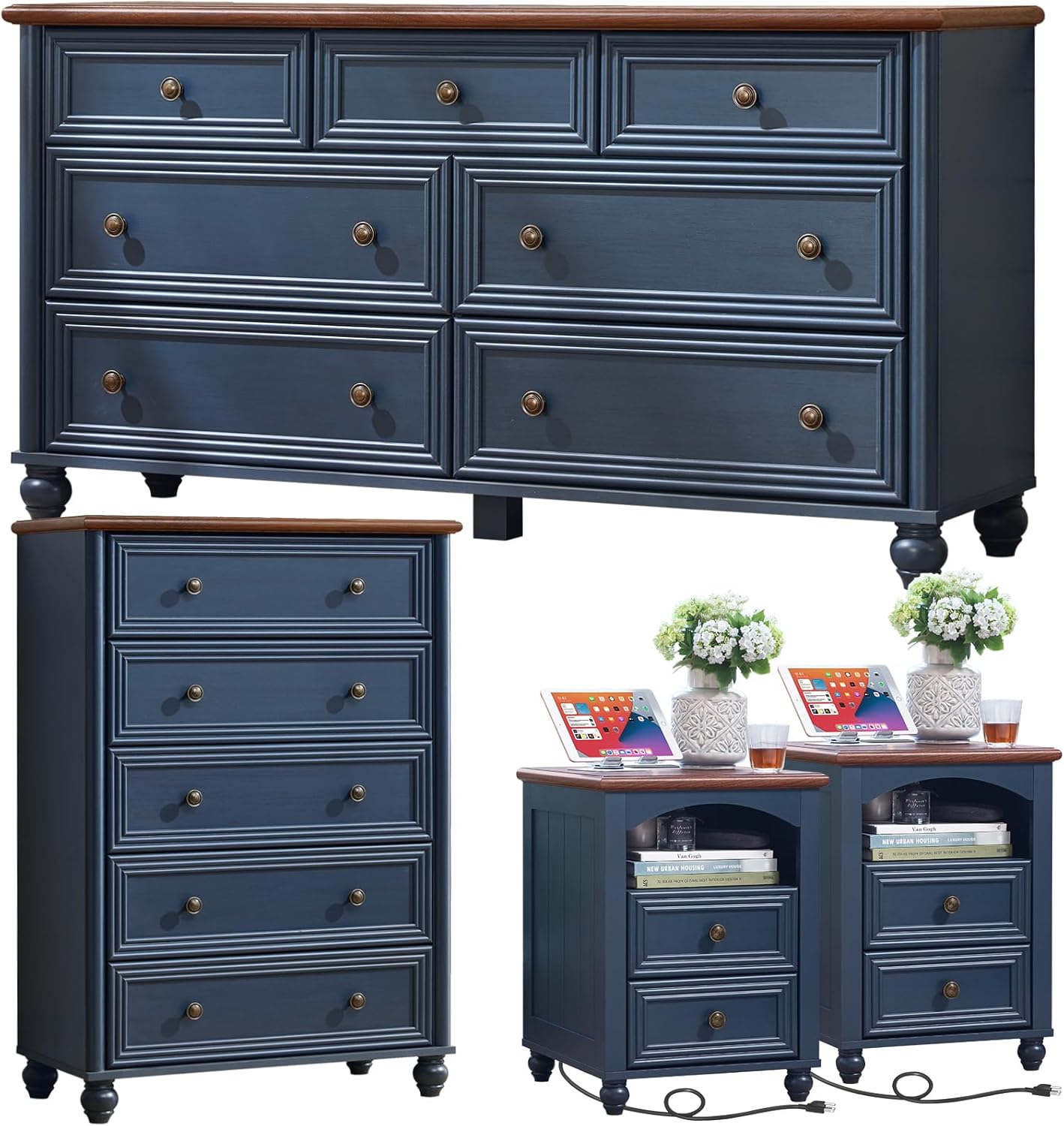 Farmhouse Dressers & Night Stand Set of 4, Wood 54" Wide Dresser & 45" Tall Chest of Drawers, 18" with Charging Station Nightstand Set of 2, Bedroom Furniture Dresser Set for Home Living Room Hallway