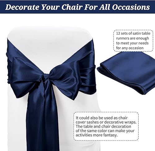 Miniatura 6 de Paquete de 12 caminos de mesa de satén azul marino, 12 x 108 pulgadas de largo, suave de alta calidad para bodas, banquetes, cumpleaños, fiestas,