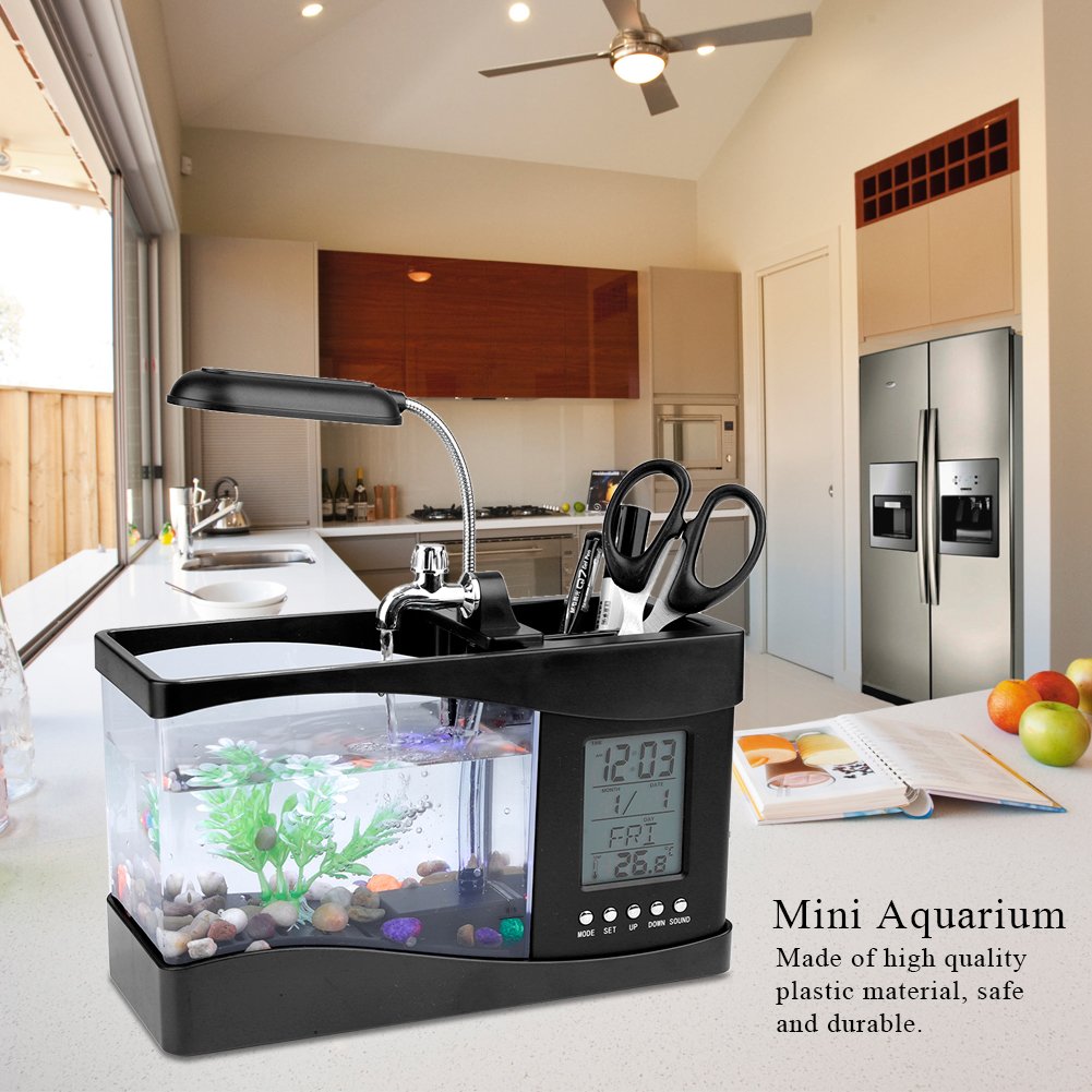 Mini Aquarium USB Aufladbar Multifunktional mit Uhr LED Light Pen Container für Haus Büro (Schwarz)