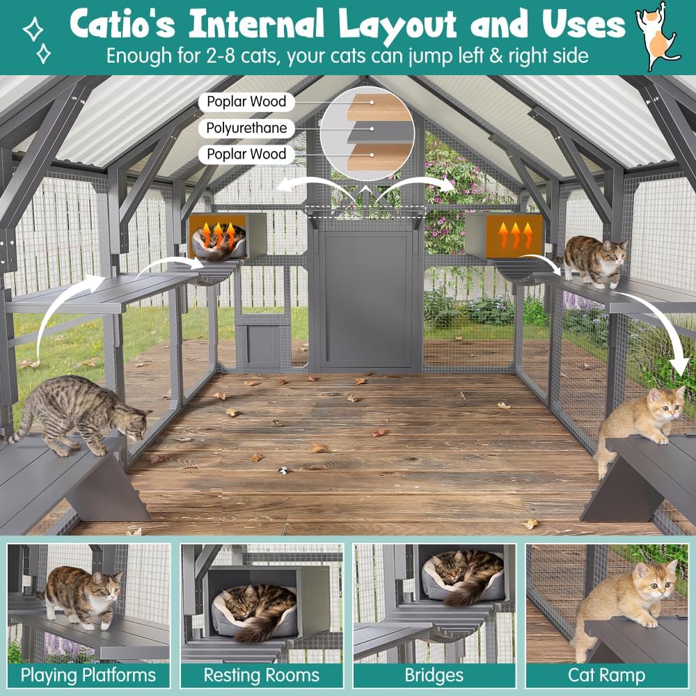 Extra Large Walk-in Catio Outdoor Cat Enclosure, Pine Wood and Wire Mesh, 8 Platforms, PVC Roof, Weatherproof Cover, 2 Resting Boxes, Grey (Grey)