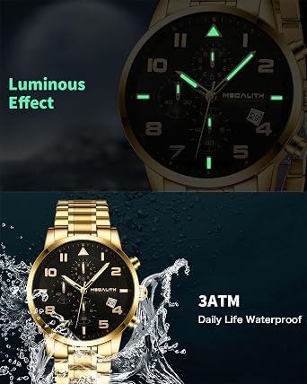 MEGALITH Armbanduhr Herren Chronograph Sport: Wasserdicht Edelstahl Analog Quarz - Militär Datum Schwarz Uhren für Männer