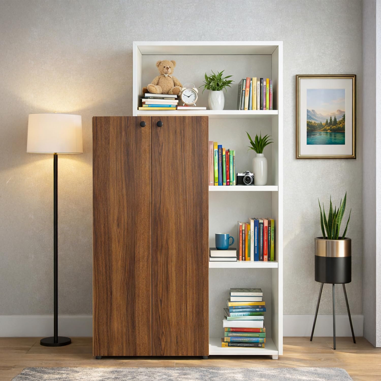 Kian Book Shelf in Suede Finish of Walnut and White Shade, Ideal for Home & Office (30W X 19D X 48H inch.)-image-30