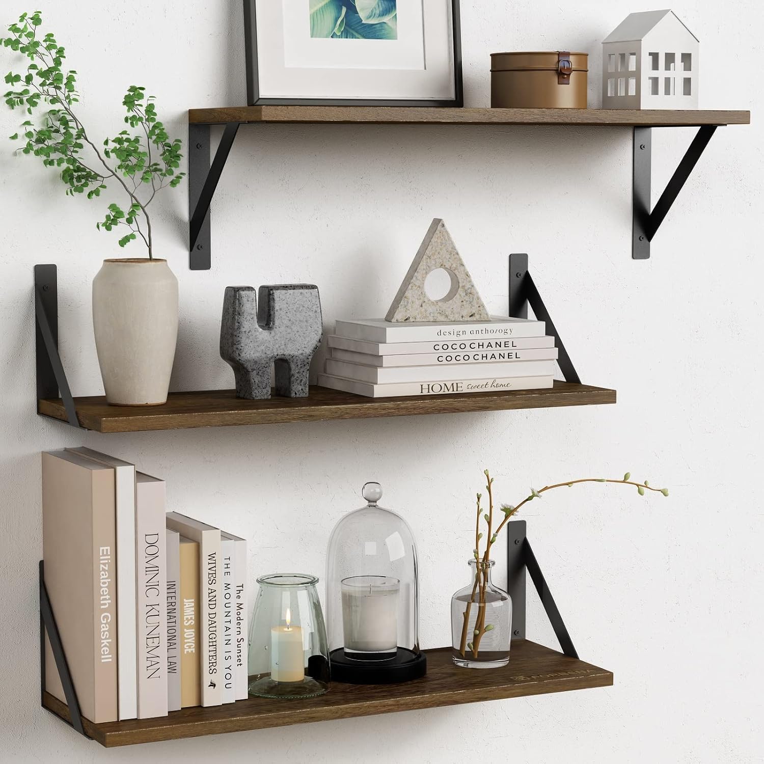 Shoper cart Floating Book Shelves for Wall Set of 3, 20 Inches Long Wall Bookshelf for Bedroom, Large Wood Heavy Duty Hanging Bookshelves for Books, Living Room Decor, Closet Storage (Brown)