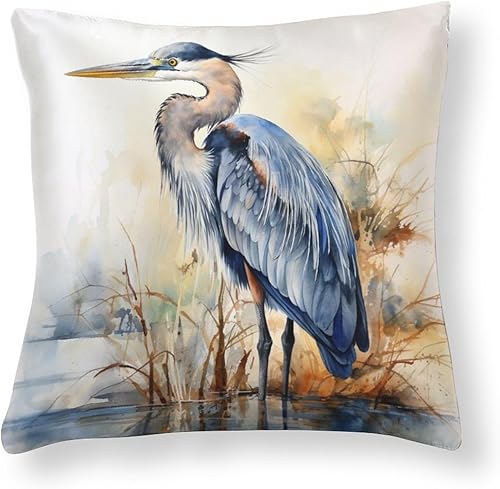 Fundas de almohada de satén de acuarela de gran garza azul, divertidas fundas de almohada con cremallera oculta de 16 x 16 pulgadas, fundas de