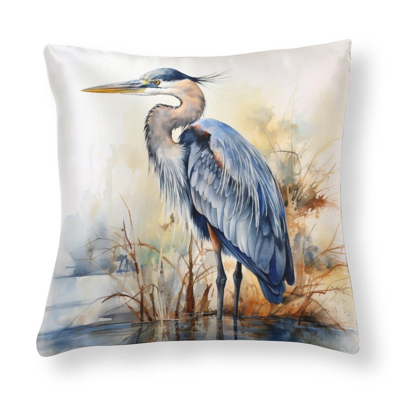 HighonHi Watercolor Great Blue Heron Satin Modern Cushion Case Heron Lover Gift Decorative Soft and Luxurious Cushion Cover Zippered 18"x18" Pillow