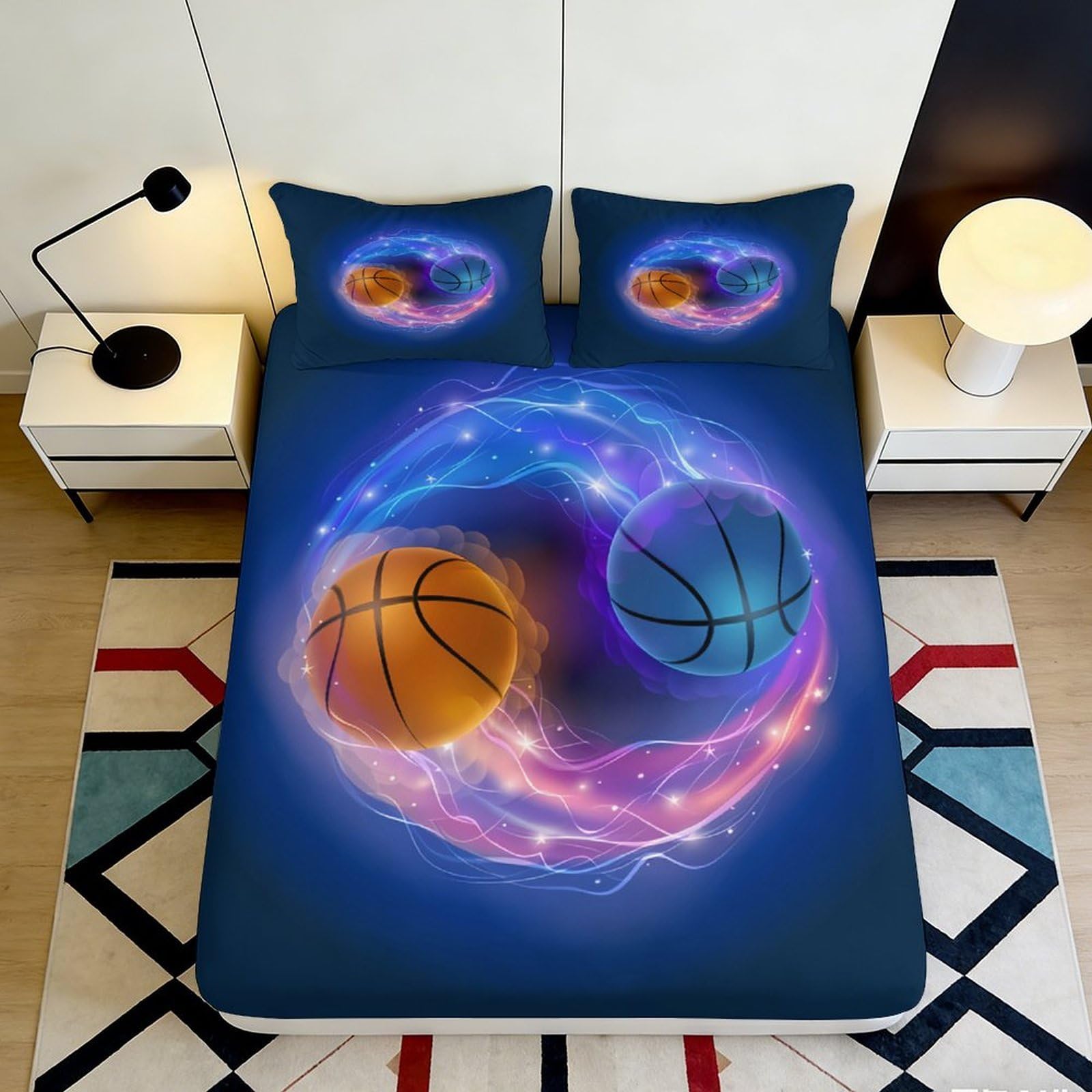 3D Printed Basketball Galaxy Fitted Sheet Microfiber Anti-Slip Bedroom Decor Cosmic Nebula Mattress Cover Machine Washable 90x200x25cm