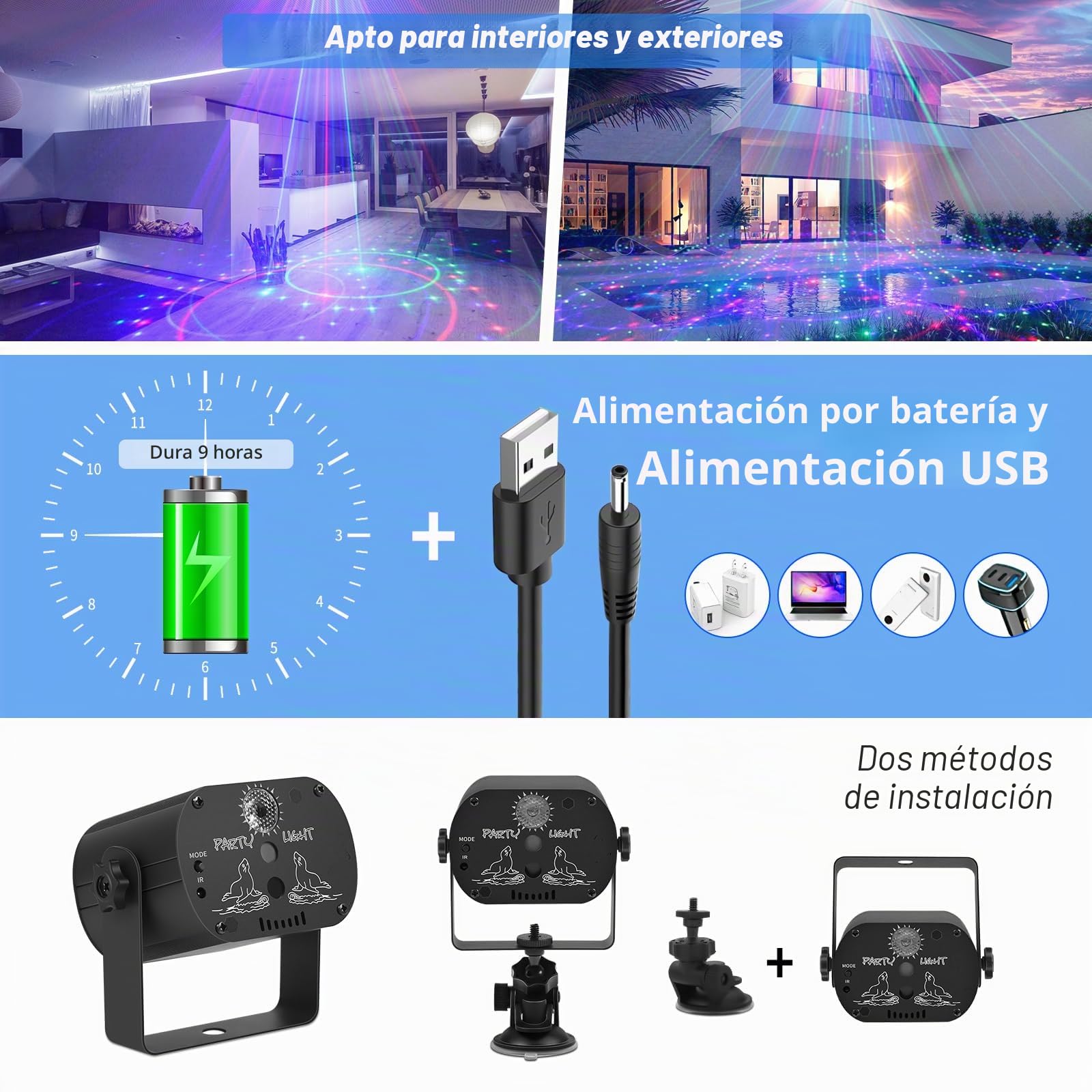 Luces de discoteca LED RGB con mando a distancia inalámbrico，Luces de fiesta con 60 combinaciones de iluminación Batería integrada y cable USB Adecuado para fiestas, discotecas, KTV, Halloween