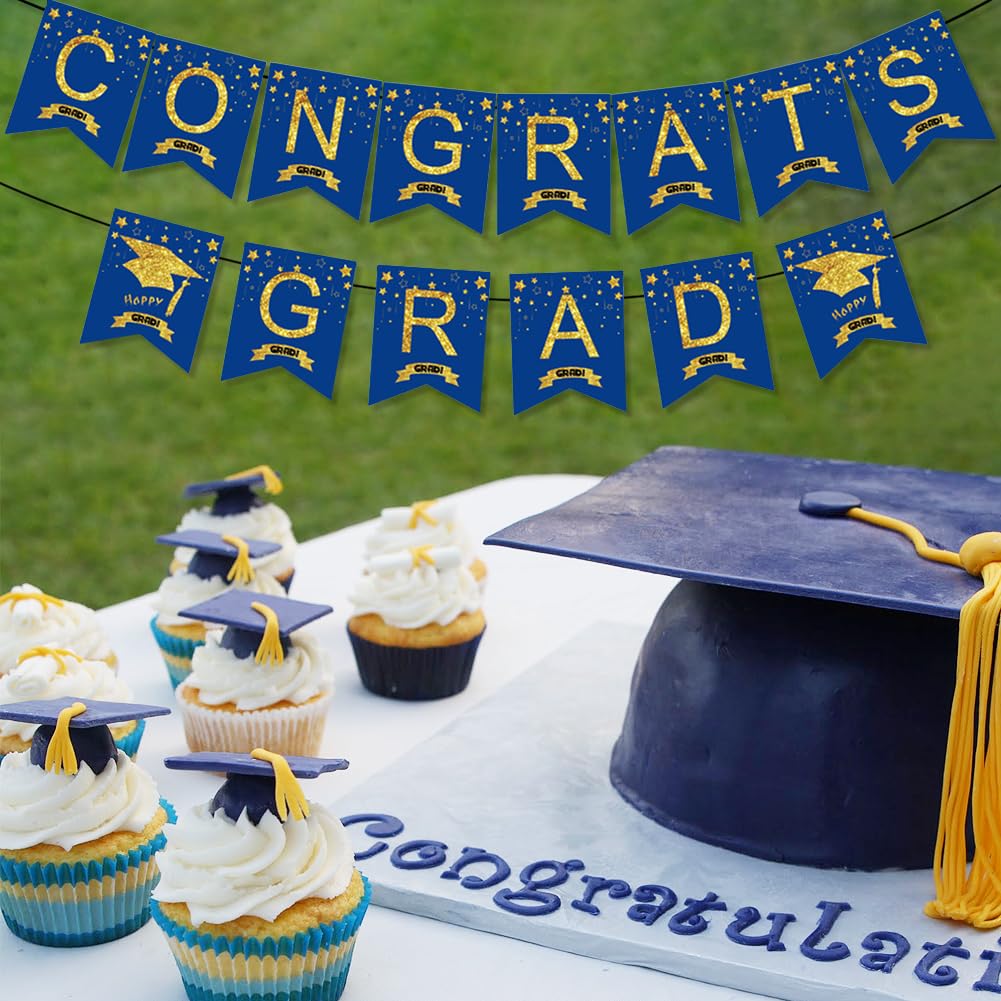 Congrats Grad Banner,Blue and Gold Graduation Hanging Bunting Banner Garland Letter Banner Sign Flag Glitter Grad Cap Garland Party Backdrop for School Class College Graduation Party Supplies - Image 3