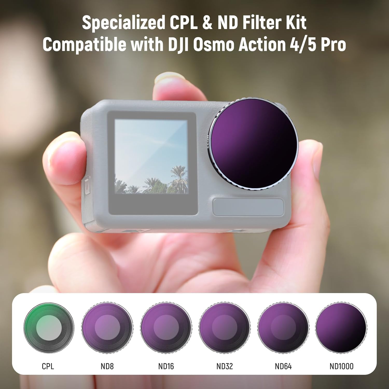 Neewer Zestaw filtrów CPL i ND do Action 5 Pro (6 sztuk), CPL+ND8+ND16+ND32+ND64+ND1000, akcesoria do kamer sportowych, wielowarstwowe szkło optyczne HD, kompatybilne z DJI Osmo Action 5 Pro/4, FL-A13