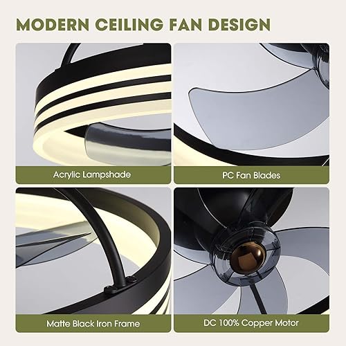 Miniatura 75 de Moderno ventilador de techo de montaje empotrado de 20 pulgadas con luces, 6 velocidades de viento, LED, dormitorio, cocina Negro-Y1095-BK02