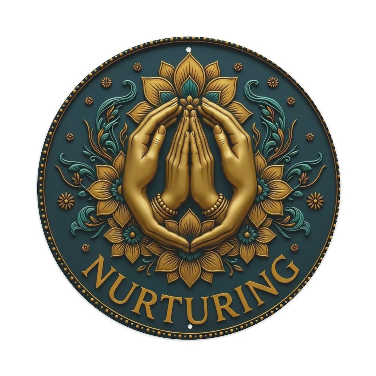Vintage Namaste Praying Hands Nurturing Flower Zen Yoga Metal Tin Sign