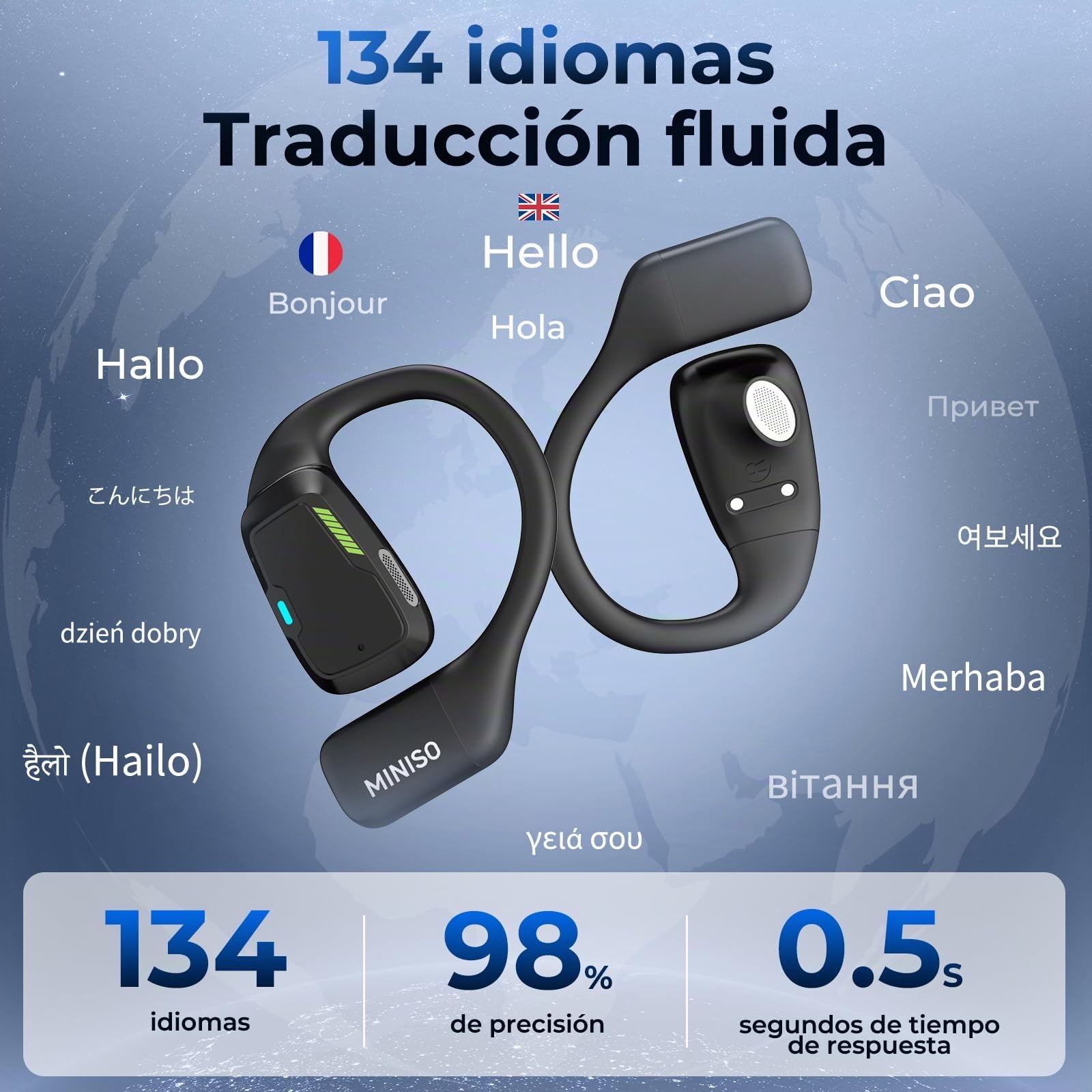 MINISO M98 Auriculares Traductor en Tiempo Real, 134 Idiomas Auriculares Traductores Simultaneos IA de voz, 3 en 1 Auriculares Traductor con pantalla táctil LCD para Negocios, Viajes y Estudio