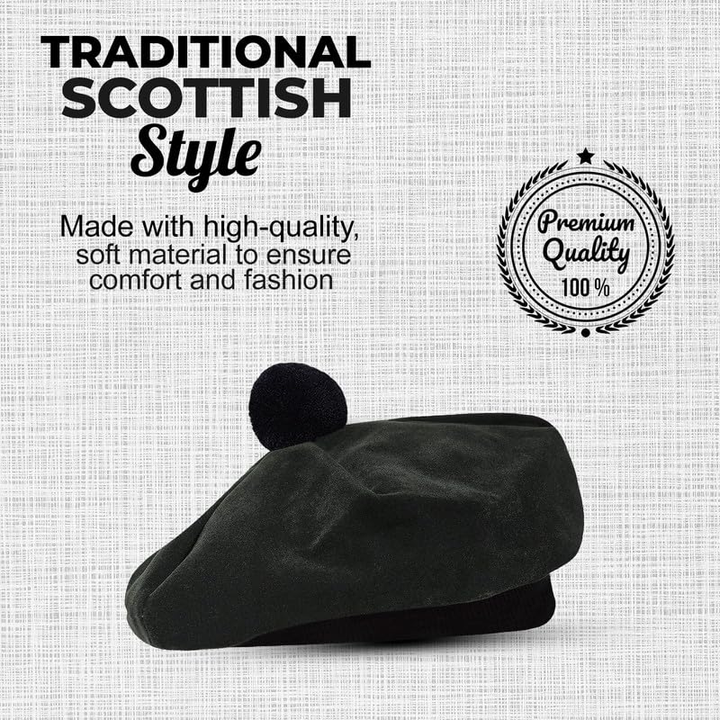 Image of Scottish Tam O' Shanter Hat Tartan Bonnet Pom Pom Wool Flat Cap One Size
