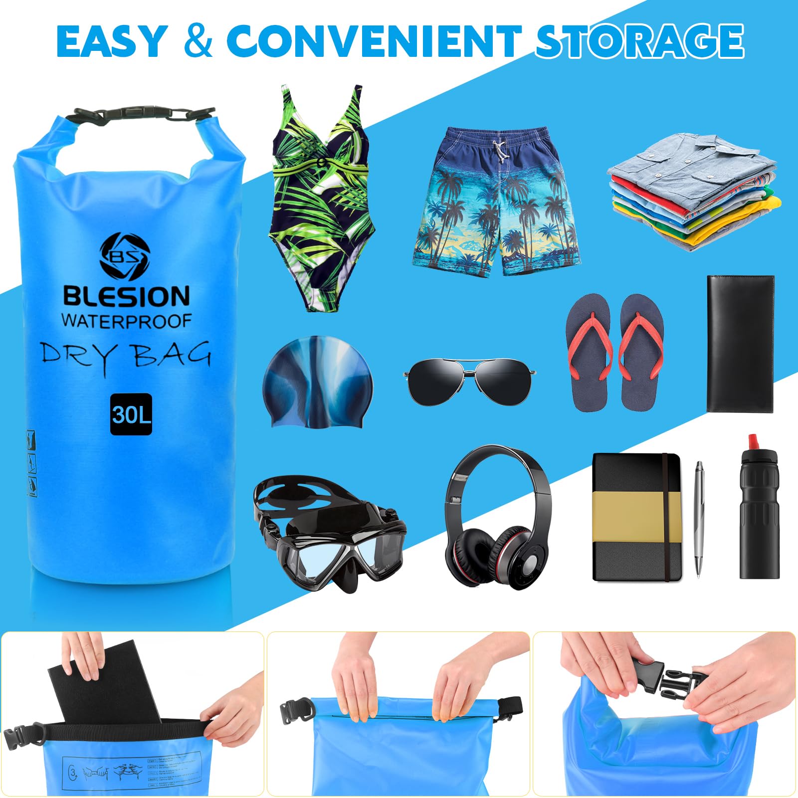 BLESION Borse Impermeabile, Sacca Impermeabile, Dry Bag 5L 10L 15L 20L 30L con Tracolla Regolabile per Spiaggia Sport d'Acqua Trekking Kayak Canoa Pesca Rafting Nuoto Campeggio