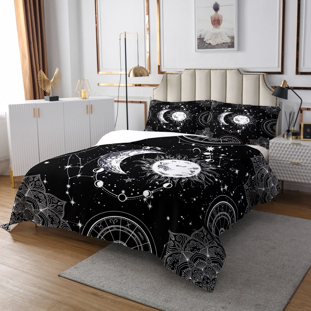 Feelyou Galaxy Bedspread Constellation Quilted Coverlet for Kids Boys Girls Teens Gothic Style Boho Mandala Coverlet Set Breathable Sun and Moon Quilted Black White Room Decor Twin Size