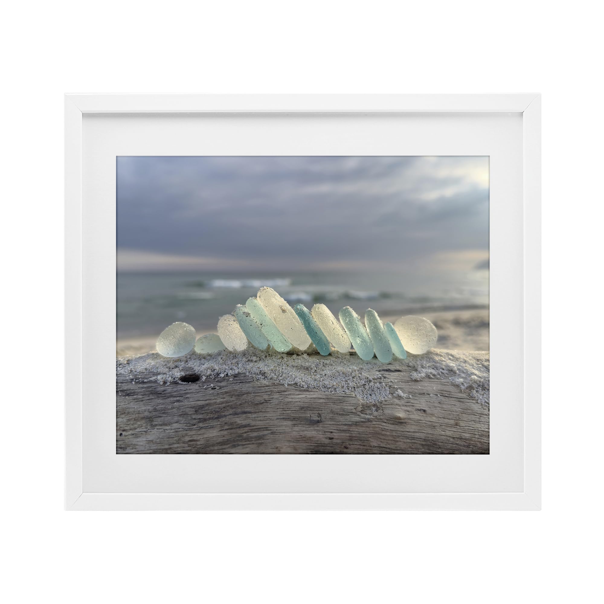 Stupell Industries Coastal White (Textured) 'Sea Glass On Driftwood'| Framed Print Under Glass