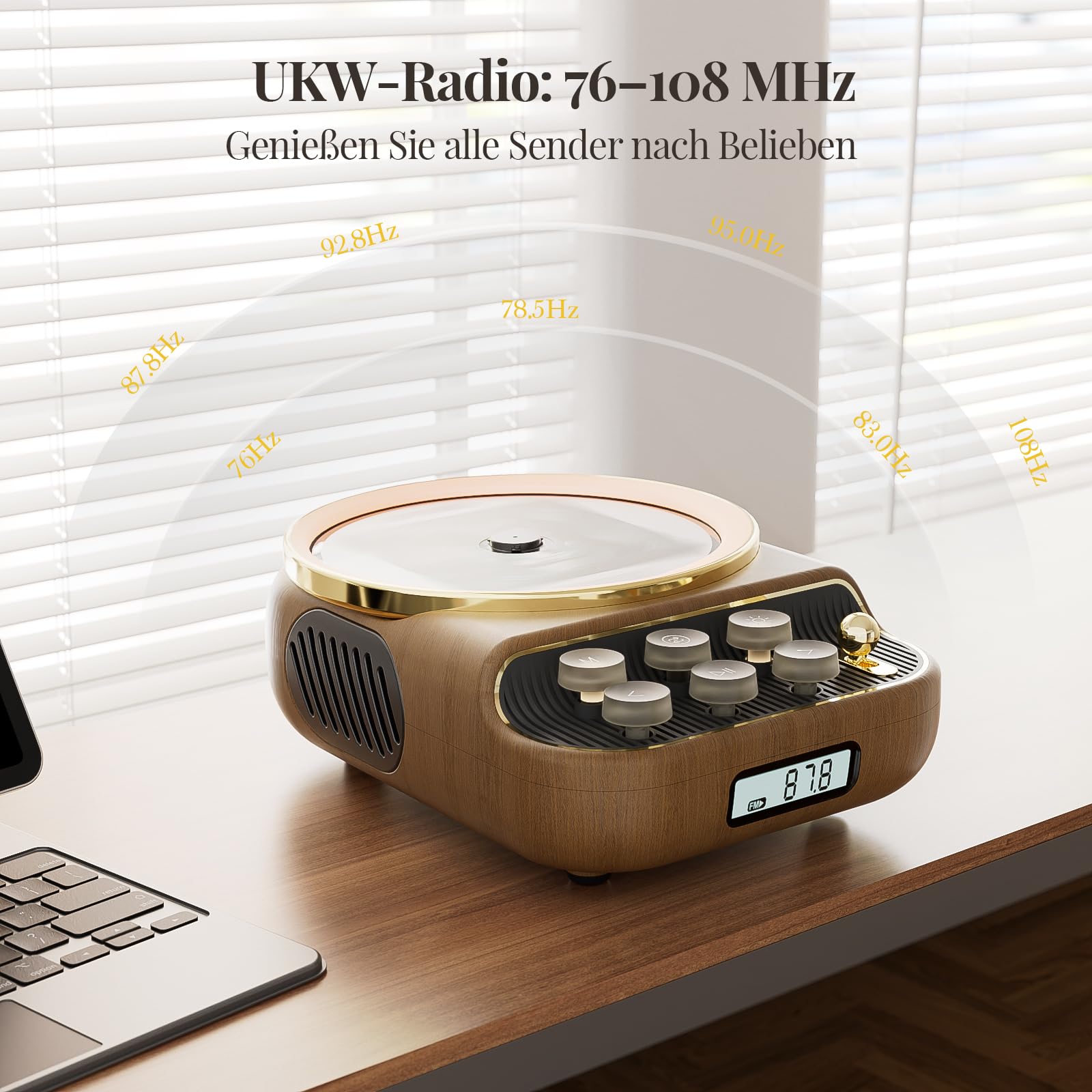 Retro Lettore CD Portatile Bluetooth con Altoparlante Lettore musica da tavolo a parete con supporto Riproduzione TYPE-C/AUX Presa per cuffie Colore del legno