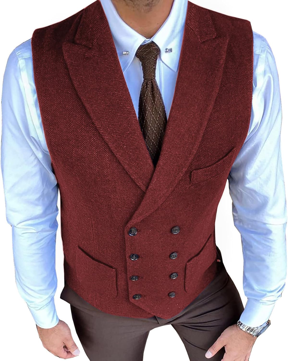 Men's Casual Suit Vest Regular Fit Double Breasted Suede Wool Formal Waistcoat for Wedding Grooms Best Men