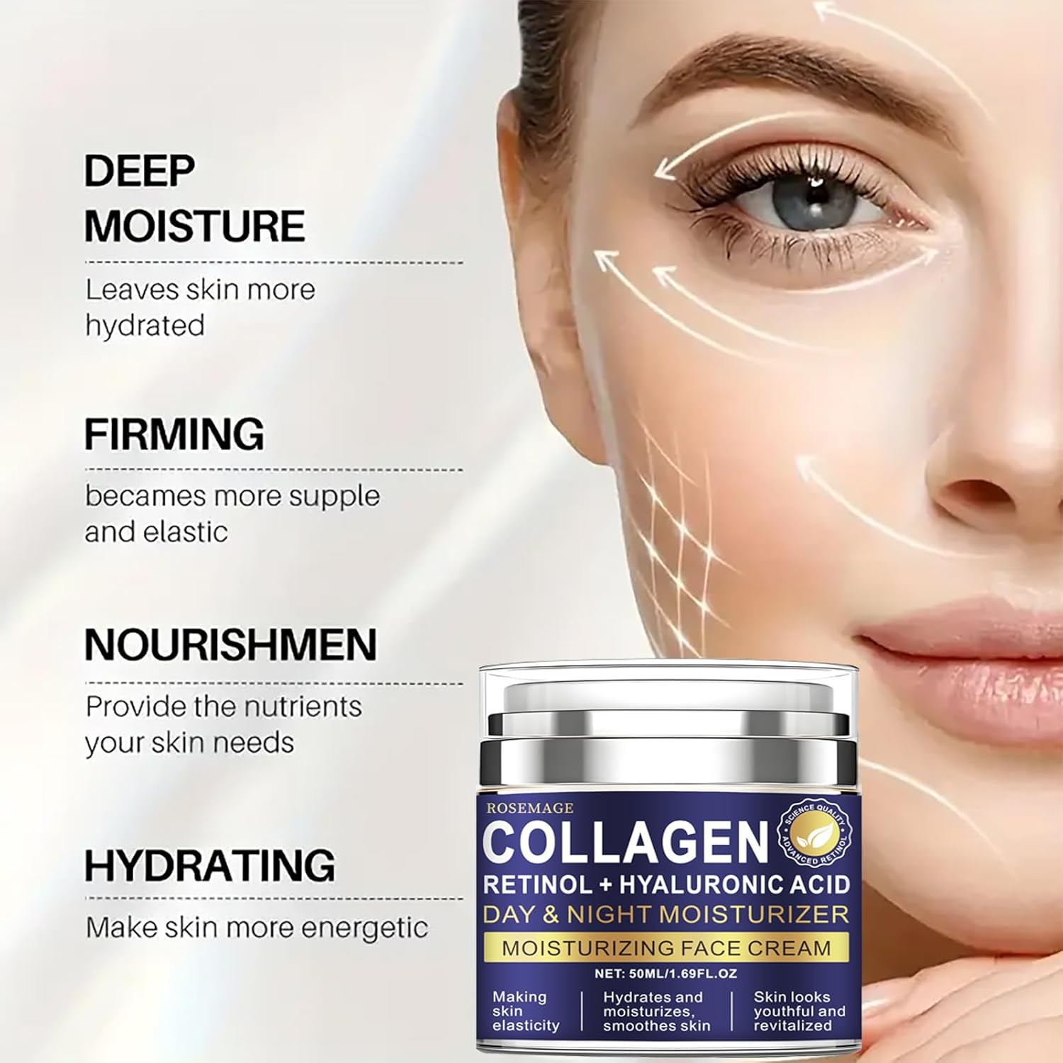 Rosemage Collagen Retinol Face Cream with Hyaluronic Acid, Day and Night Moisturizer for Anti-Aging, Hydrating Face Cream, 1.69 Fl Oz - Image 3