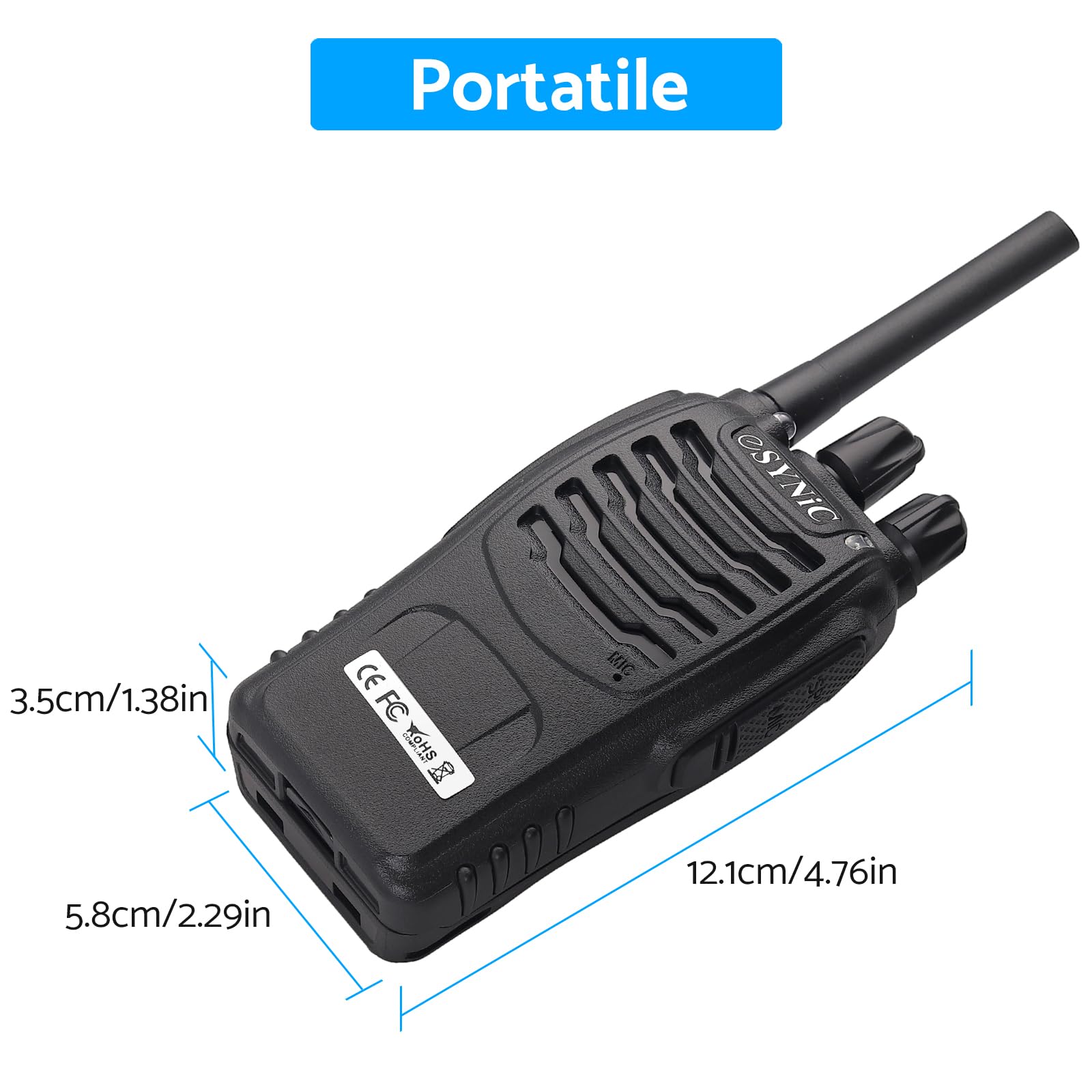 ESYNiC 2 Paio Walkie Talkie Radio USB Ricaricabile PMR 446MHz VOX Ricetrasmittente Portatile 16 Canali Singola Banda Walkie-Talkie Professionali con Cavo Auricolari Funzione Torcia Elettrica