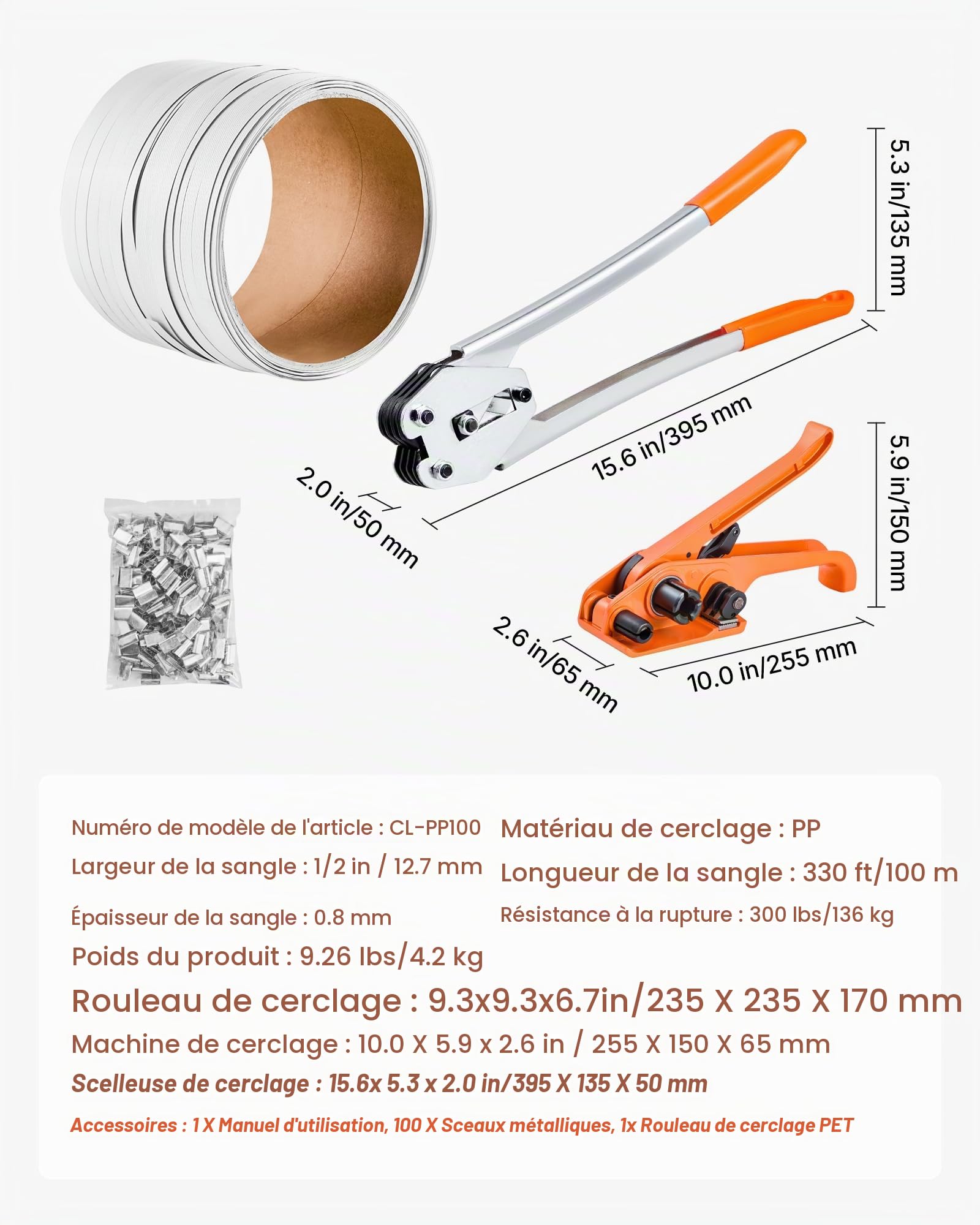 VEVOR Kit Cerclage Feuillard PP 100 m Kit Cerclage Palette Manuel avec Outil et Tendeur pour Emballage, Entrepôts, Déménagement, Stockage, Transport de Marchandises, avec 100 Scellés en Métal, Orange