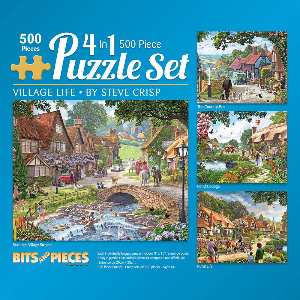 Bits and Pieces - 4-in-1 Multi-Pack - 500 Piece Jigsaw Puzzles for Adults-Each Measures 16" x 20" (46cm x 61cm)-Village Life by Artist Steve Crisp