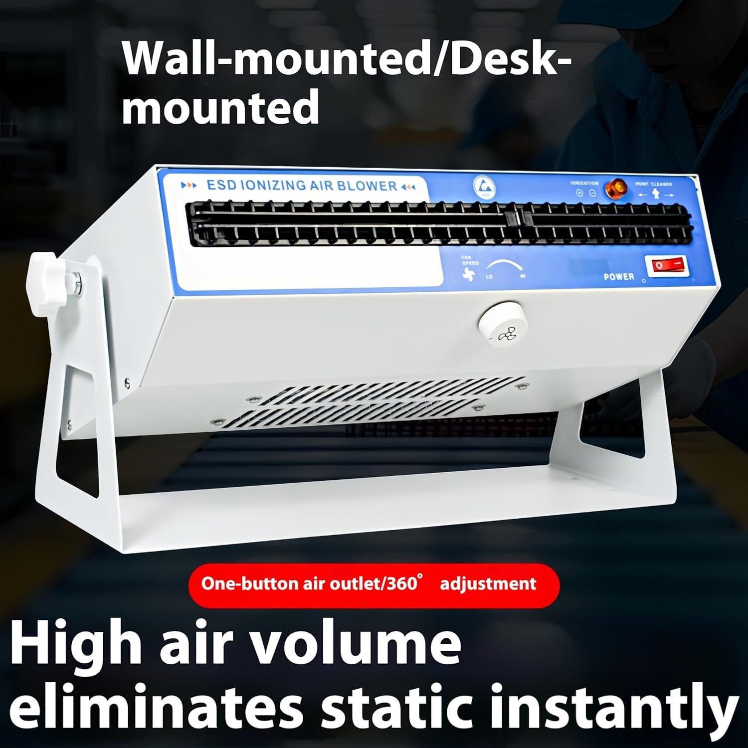 Soplador de aire ionizante de escritorio, ventilador antiestático, eliminador estático con limpiador de aguja de iones, 70 ~ 120 CFM para eliminar la electricidad estática