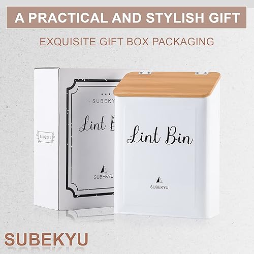 Miniatura 5 de SUBEKYU Contenedor magnético de pelusa con tapa de bambú y soporte para hojas de secadora para lavandería, cubo de basura de metal con tapa y caja