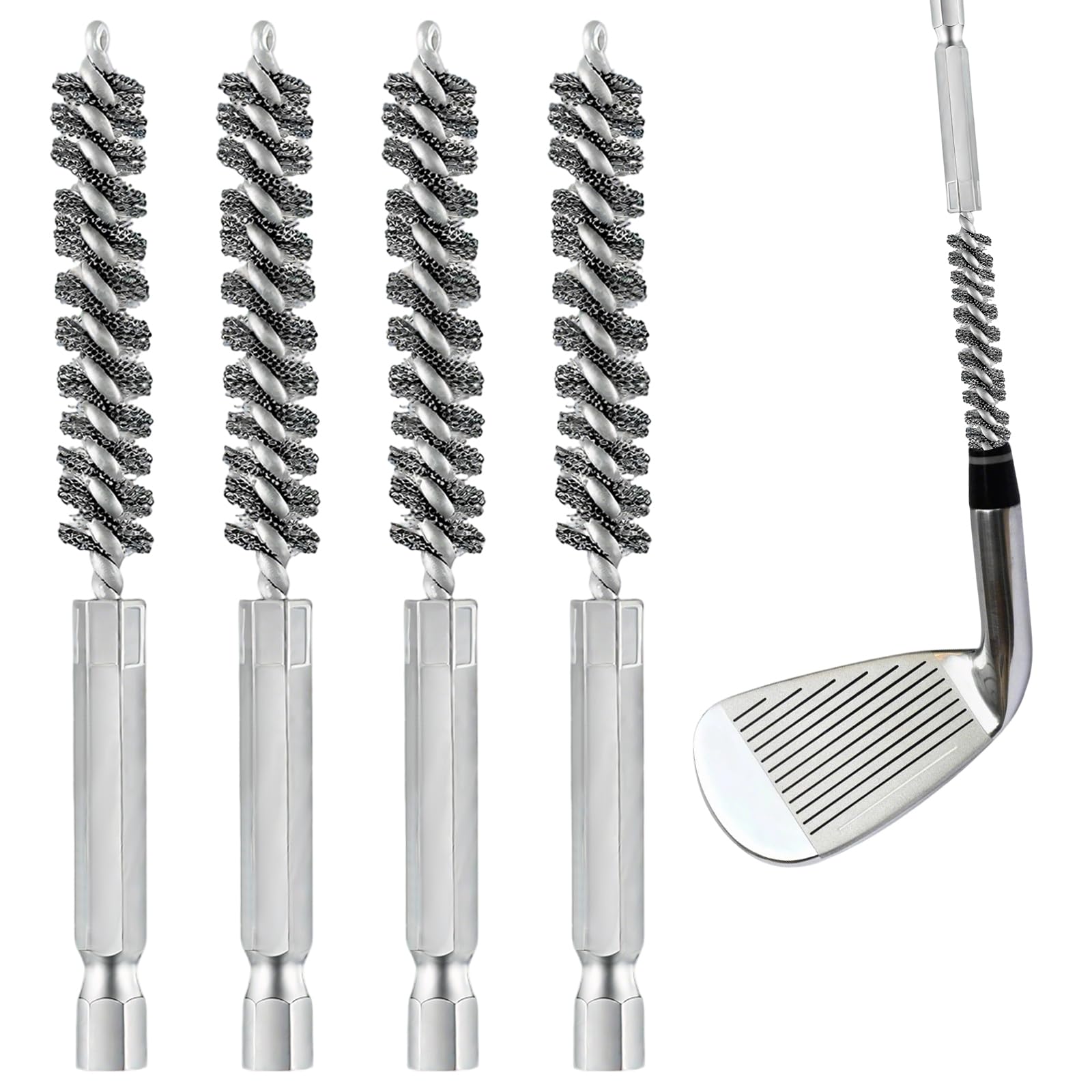 4 Pcs Golf Hosel Cleaning Brushes, Stainless Steel Drill Brush Set for Wood & Iron Clubs, Hex Shank Wire Brush Attachments for Electric Drills, Silver