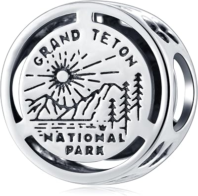 GLOWDAS Grand Teton National Park Round Charms for Pandora Travel Bracelet | 925 Sterling Silver Vintage Wyoming Mountain Beads With Black Enamel, Gift for Hikers, American Souvenir on Anniversary