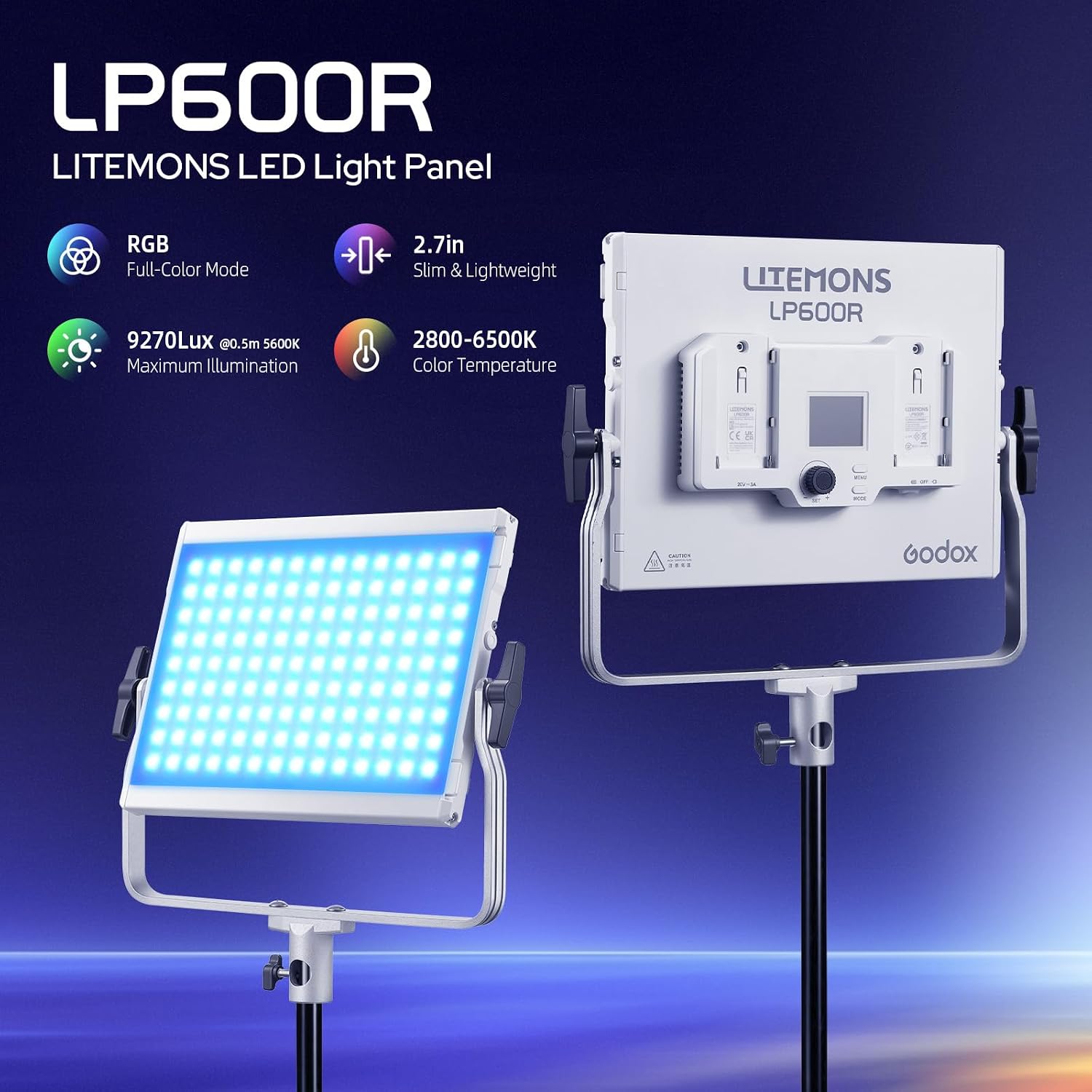 GODOX Litemons 60W LP600R RGB LED Video Light w/Barndoors, 1800K-10000K Full-Color RGB Panel Light, 9270 lux/0.5m, APP Control, 0%-100% GM Adjustment, for Studio Video Photography Live Streaming