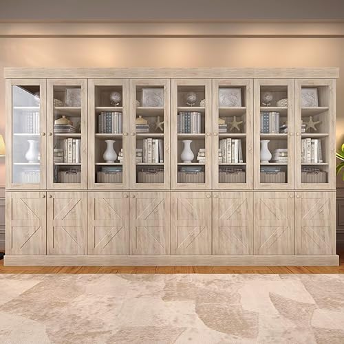 Vyre 71" Tall Farmhouse Kitchen Pantry, Rustic Brown Storage Cabinet with Glass Doors & Adjustable Shelves, Large Versatile Wood Hutch for Living Room & Dining Room, 4 Pcs