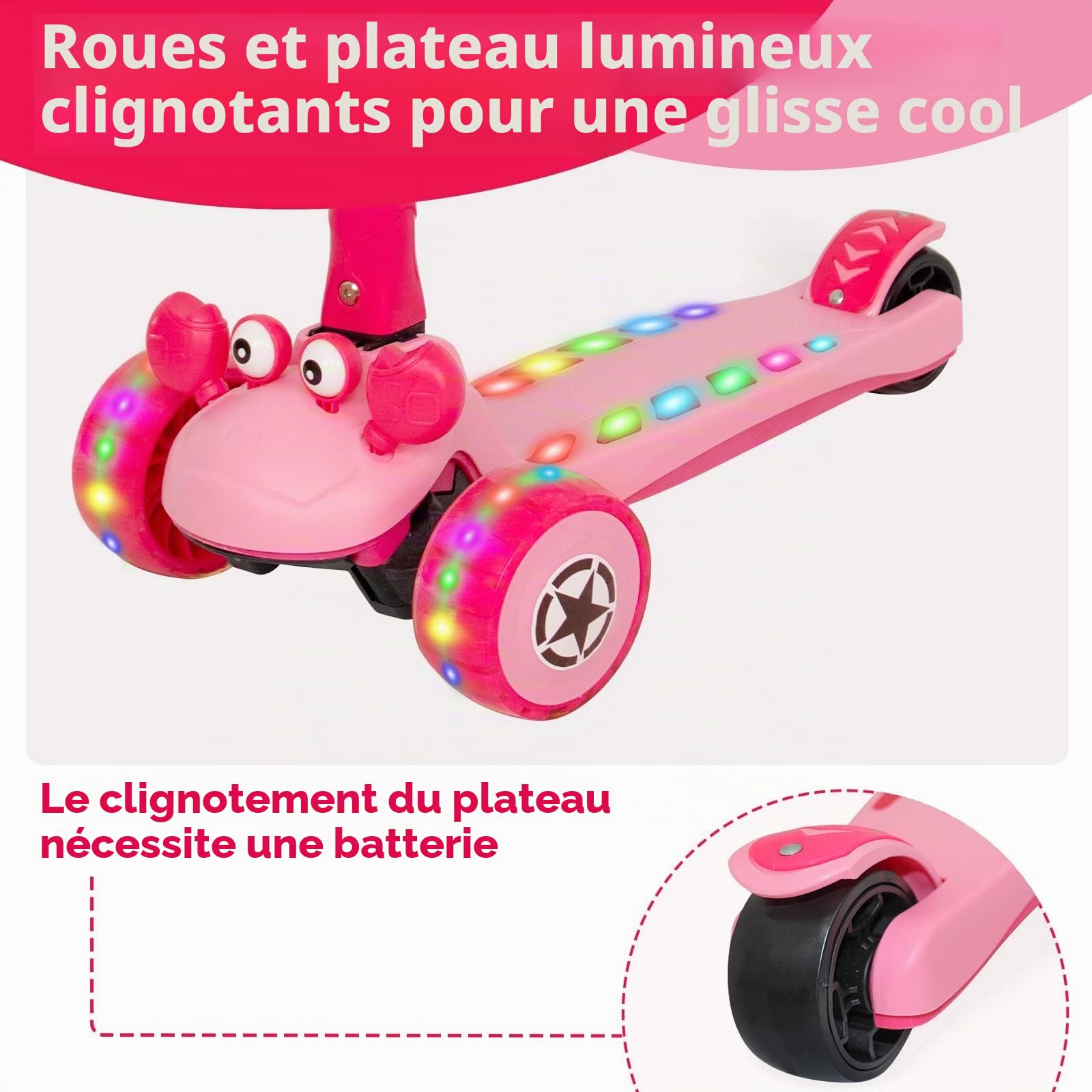 Trottinette Enfant 2-en-1, Siège, Roue LED, Guidon Réglable, Anti-Bascule