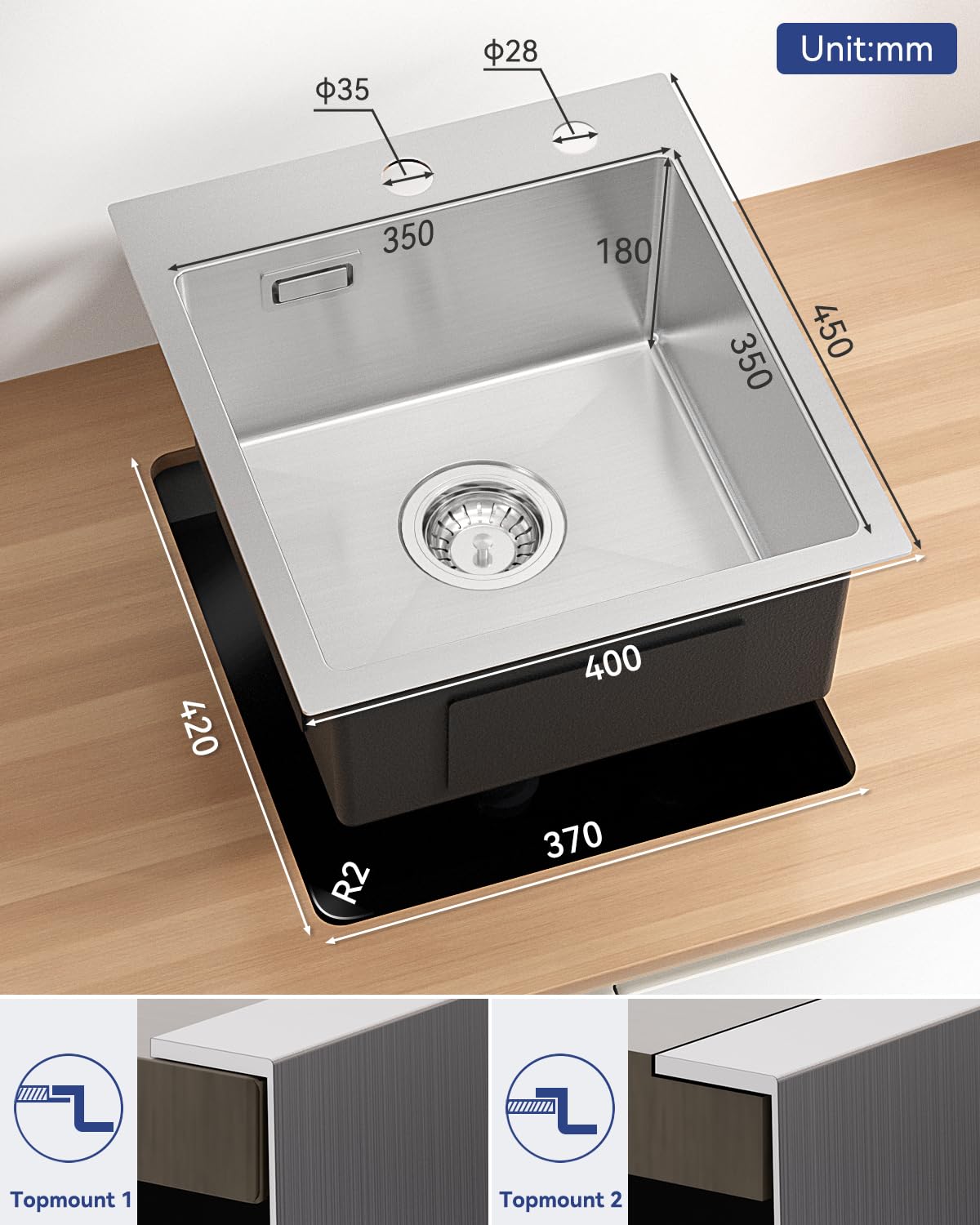 Fregadero Cocina 1 Seno 40x45cm, Fregadero Cocina en Acero Inoxidable 304, Fregaderos Sobre Encimera de Un Seno con Sifón y Juego Desagüe, Cepillado