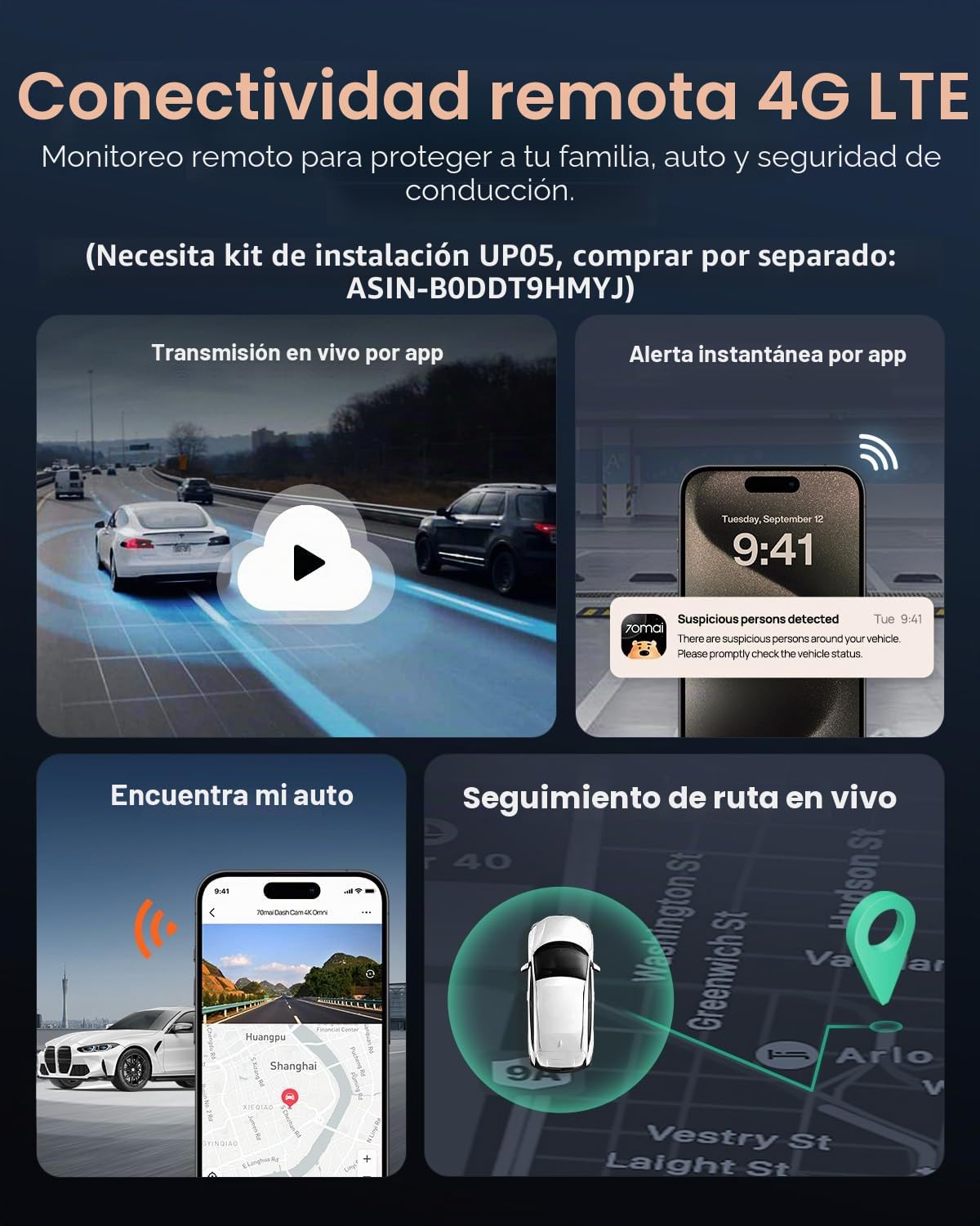 70mai X800 4K Dash Cam delantera y trasera, cámara dual STARVIS 2 para coche con soporte 4G LTE, WiFi 6 de 5 GHz, GPS, HDR, modo de estacionamiento, soporta 512 GB máx
