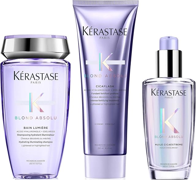 Kérastase | Blond Absolu, Hydrating and Illuminating Shampoo, Conditioner & Strengthening Hair Oil, For Lightened Hair, Ultimate Routine Set