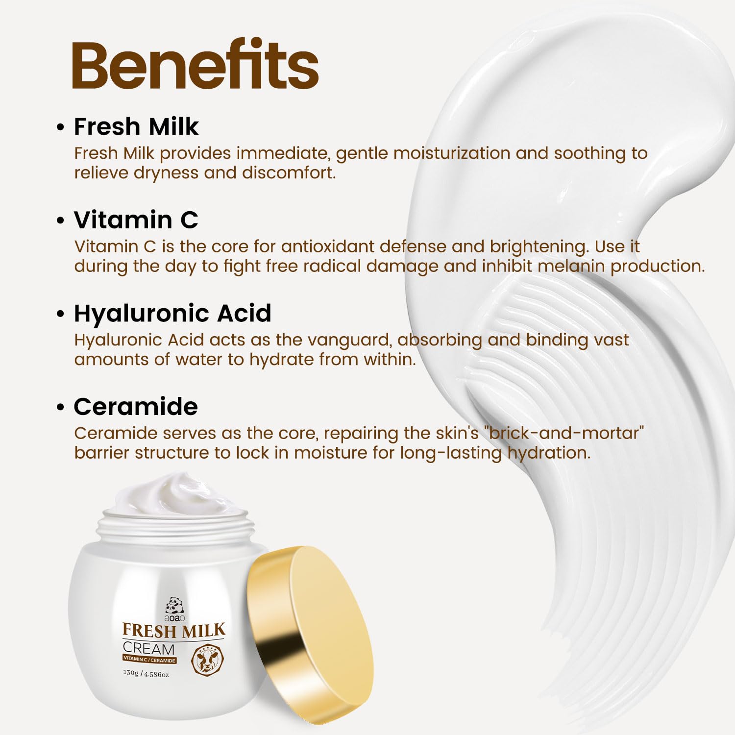 AOAO Milk Face Cream, Double Moisture Face Moisturizer for Daily Hydration Nourishment, Smoothing & Firming Cream for All Skin Types, with Vitamin C, Ceramide & Hyaluronic Acid, 4.586oz (Milk_1) - Image 2