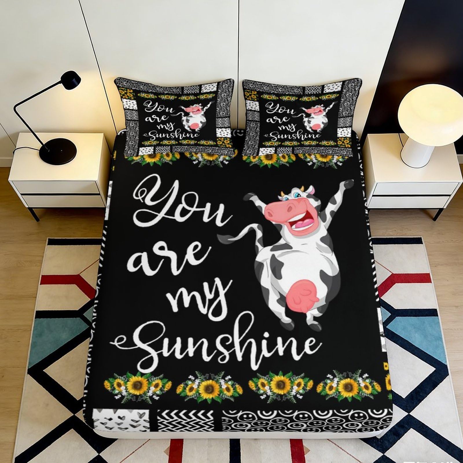 3D Printed Cartoon Cow Sunflower Fitted Sheet Microfiber Non Slip Bed Cover for Bedroom Guest Room Mattress Protection 200x200x25cm