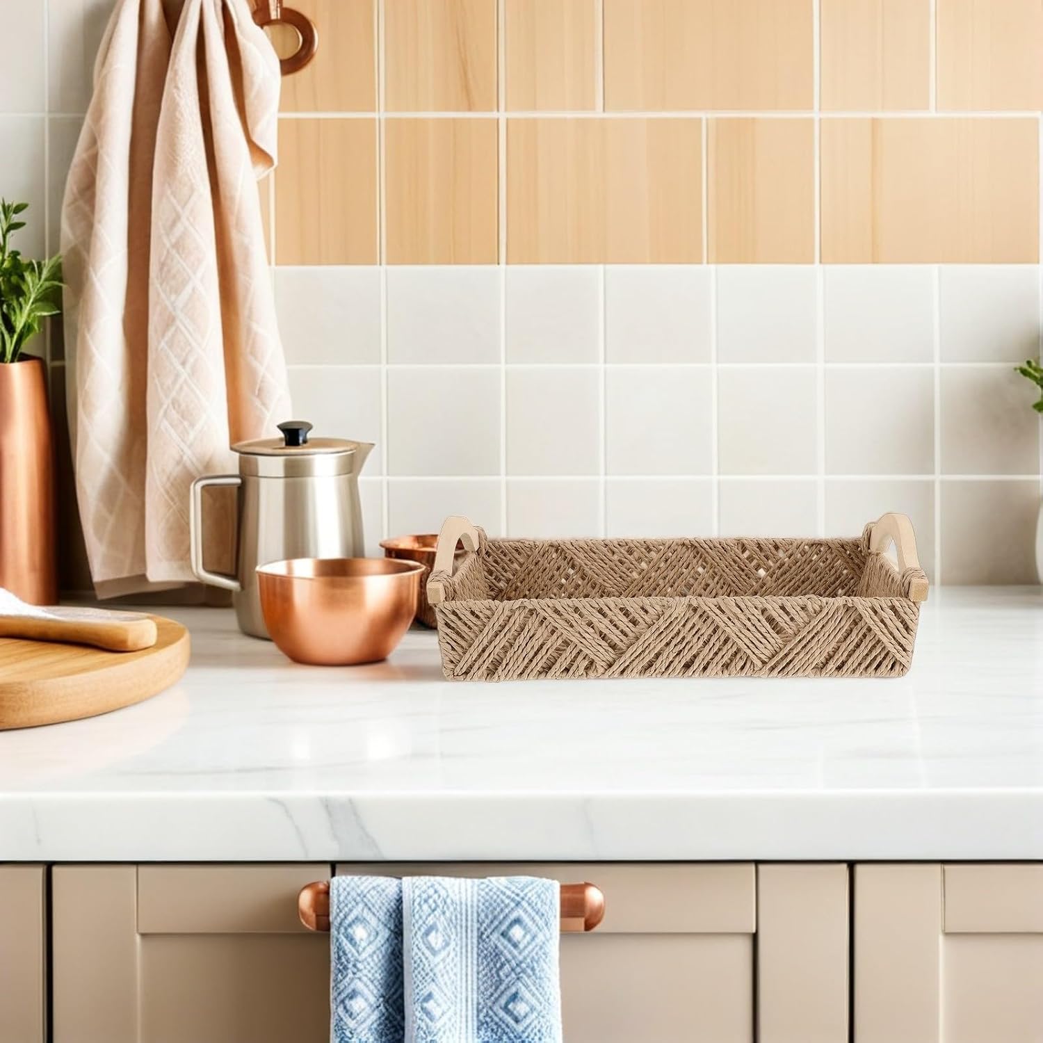 Rectangular Paper Rope Woven Storage Basket with Wooden Handles