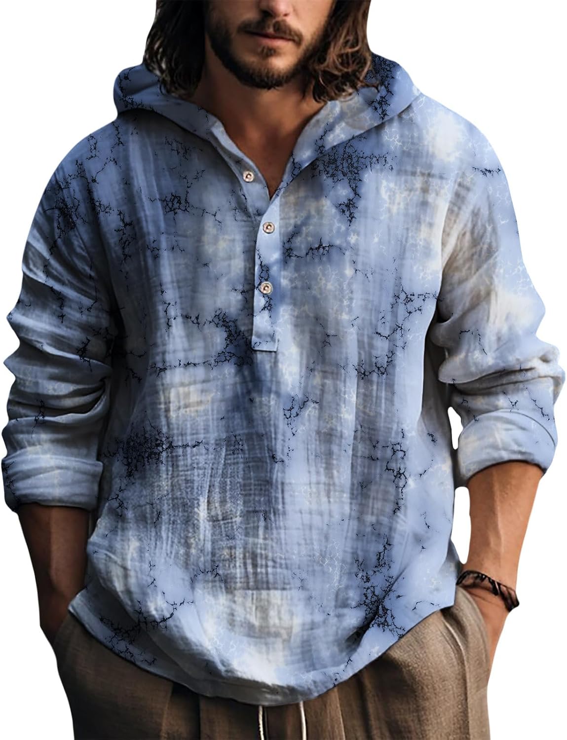 Mens Hooded Tie Dye Button Up Shirt Long Sleeve Casual Pullover Top Relaxed Fit Beach Vacation Streetwear