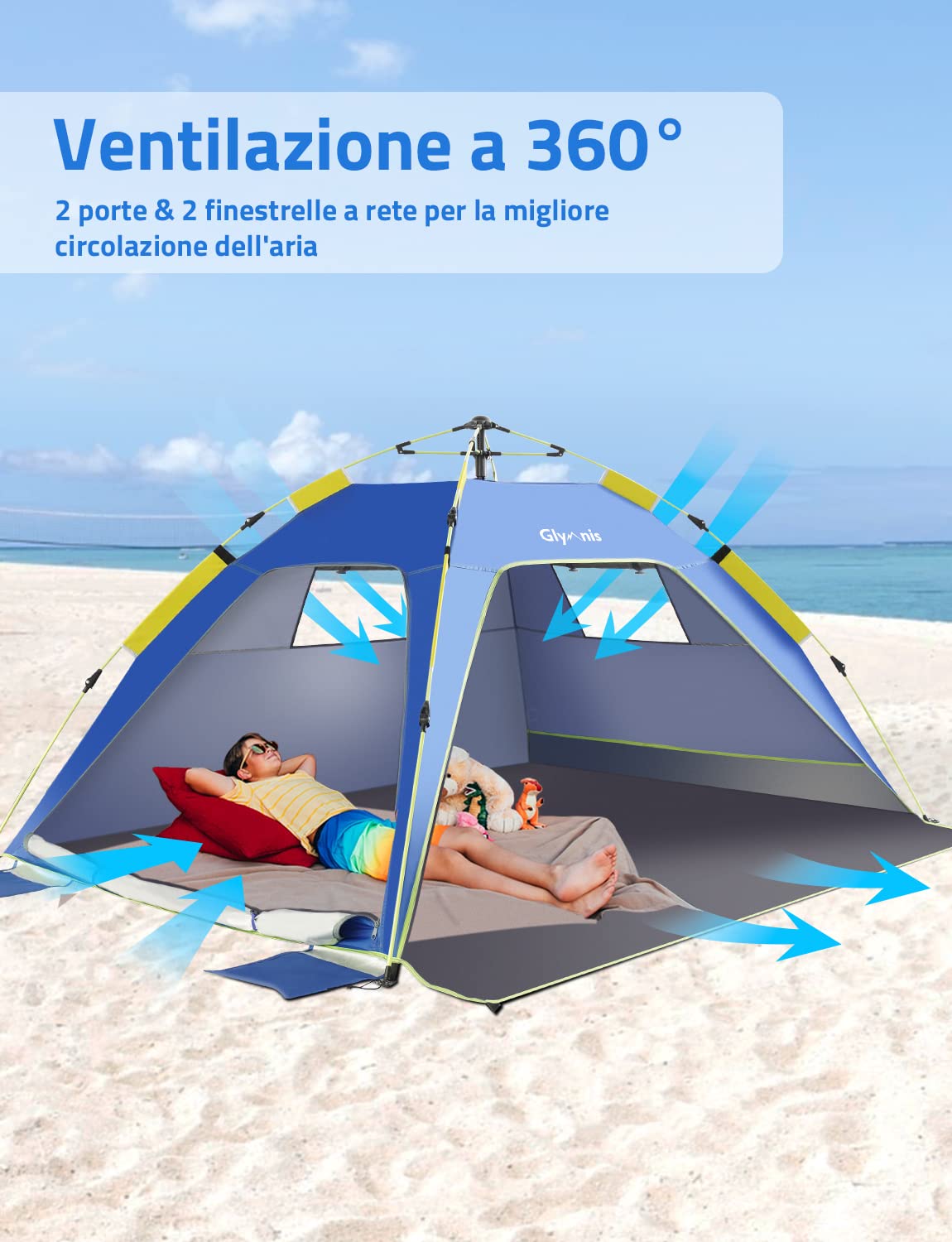 Tenda da Spiaggia Quick-up UPF 50+ 215x150x115cm 3-4 Persone con Finestre e Porte