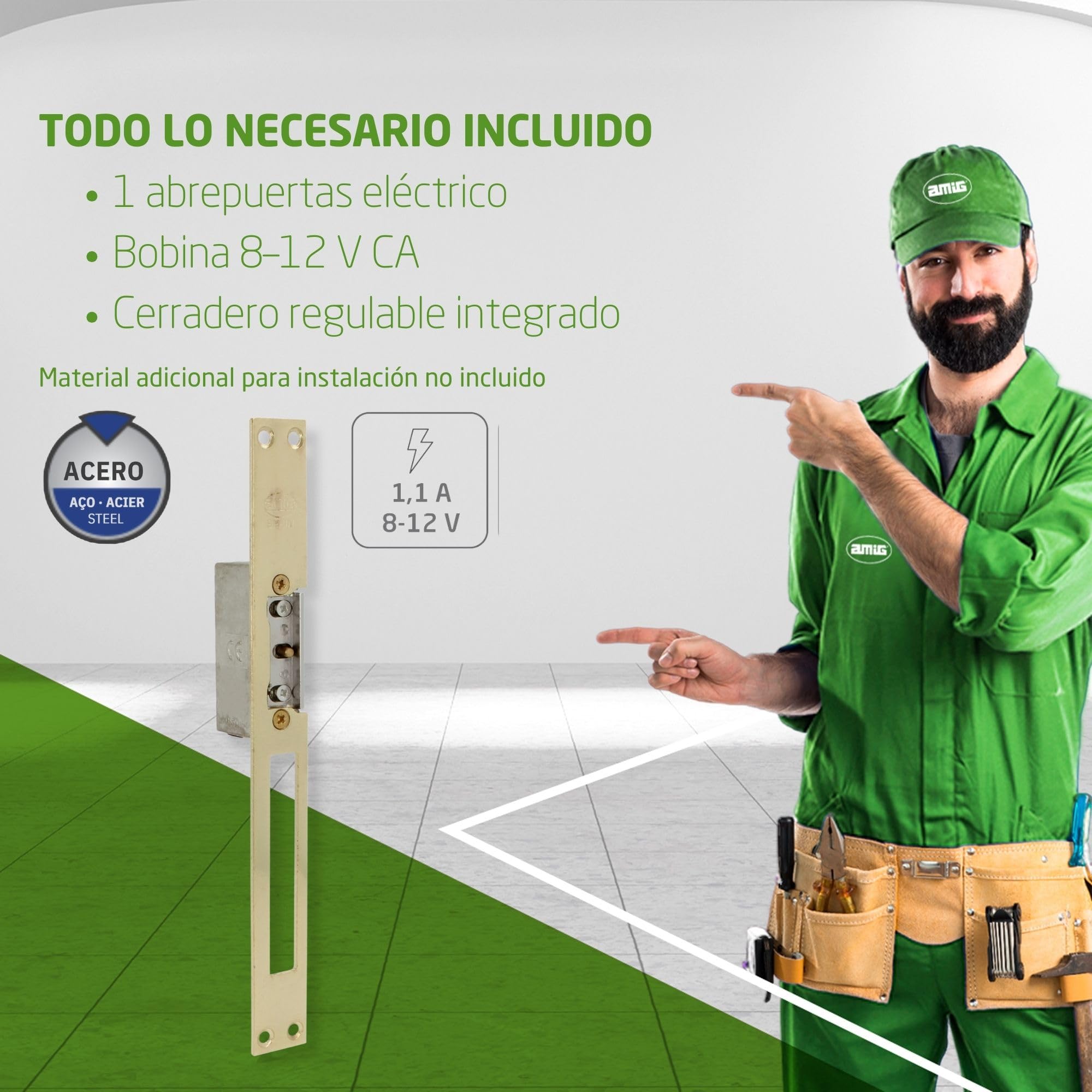 Amig - Abrepuertas eléctrico de embutir para control de acceso - Compatible con resbalón europeo 13 mm - Frente 250 x 25 mm - Acero latonado barnizado - Dorado - 8-12 V AC/DC - Mod. 20 con inhibidor