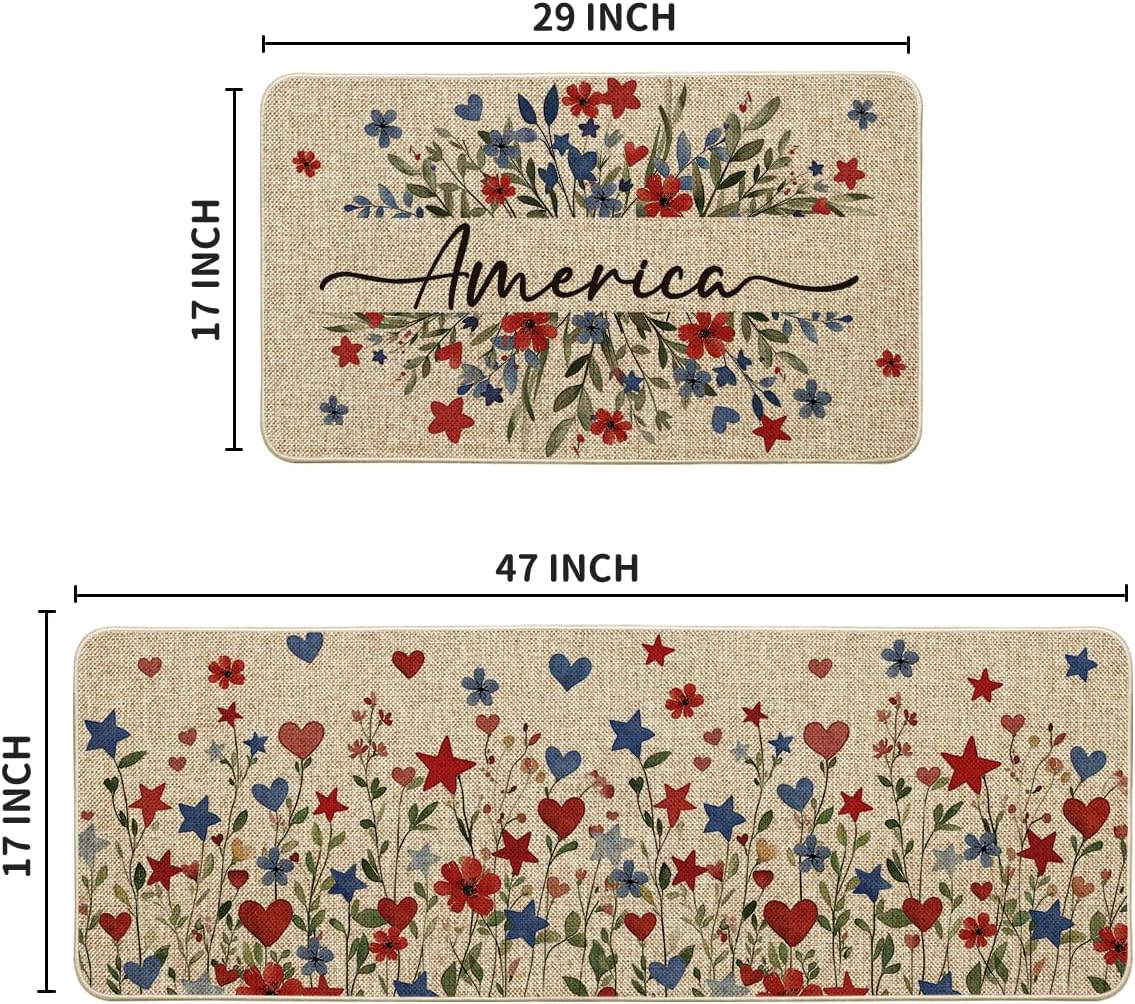 Artoid Mode Multicolor Floral Stars America 4TH of July Patriotic Kitchen Mats Set of 2, Memorial Day Home Decor Kitchen Rugs for Floor - 17x29 and 17x47 Inch