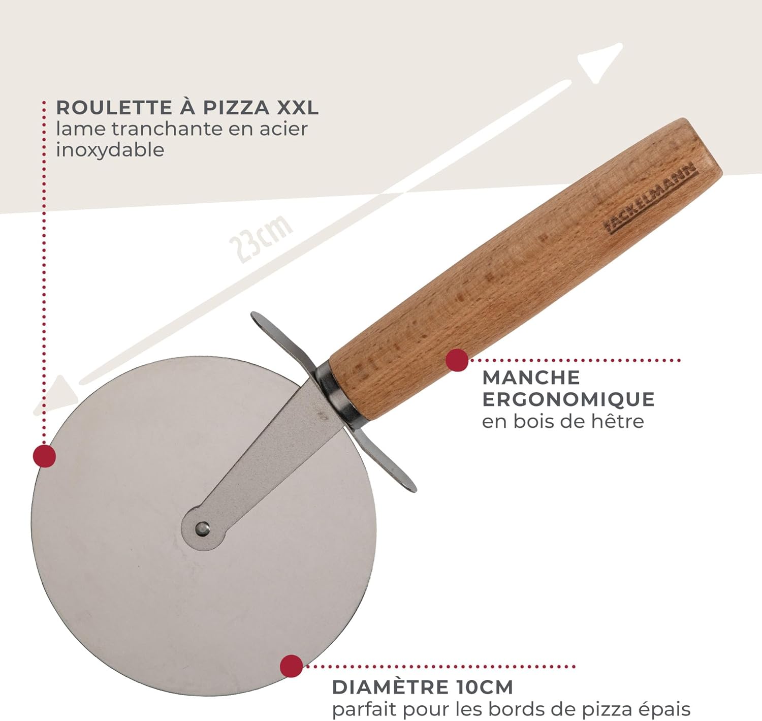 Fackelmann XXL Pizza Cutter for Pizza and Tarte Flambée, Pizza Wheel with Sharp Stainless Steel Blade, Pizza Roller with Ergonomic Beech Wood Handle, Approx. 23 cm