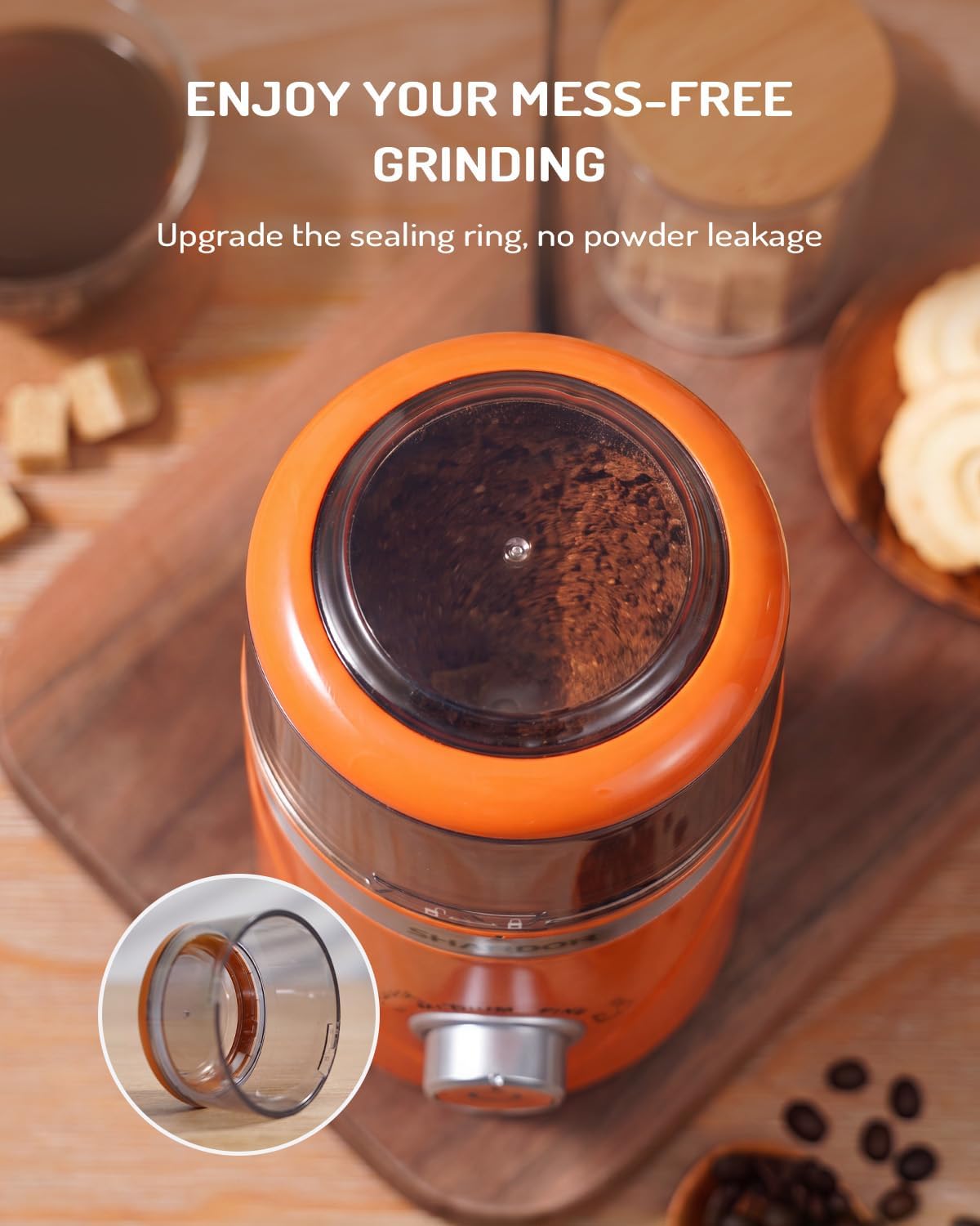 SHARDOR Electric Super Silent Blade Coffee Grinder, Timed Grind Control Rotary Knob, Adjustable Coarse to Fine for Coffee Beans, Spices & Herbs, with 1 Removable Stainless Steel Bowl, Orange