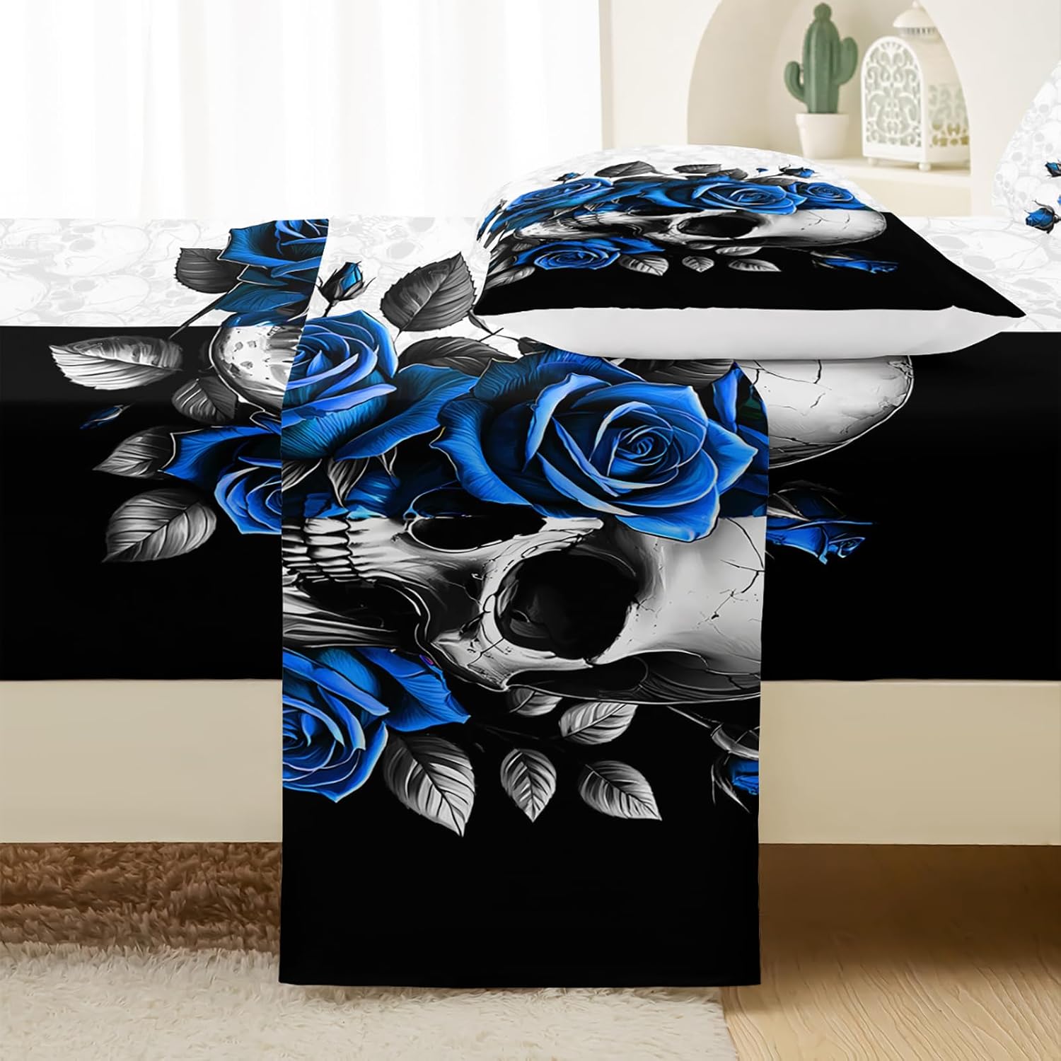 QOOMO Sugar Skull Kids Bed Sheets Queen Size,Blue Roses Print Bedding Sheet Set,4Pcs Skeleton Deep Pocket Bed Sets with 1 Fitted Sheet 1 Flat Sheet 2 Pillowcases for Boys Girls Teens