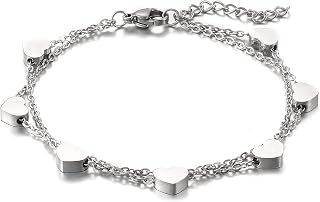 Rose Gold/Gold/Silver Ladies Bracelet with Heart Pendant, Double Chain, Stainless Steel Bracelet for Women, 6.5 inch, Stainless Steel, 6.5 inch, Stainless Steel, Stainless Steel