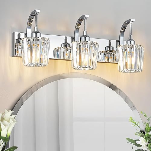 Miniatura 1 de Moderna lámpara de tocador de baño, aplique de pared cromado de 3 luces con detalles de cristal, accesorio de iluminación de baño sobre espejo,